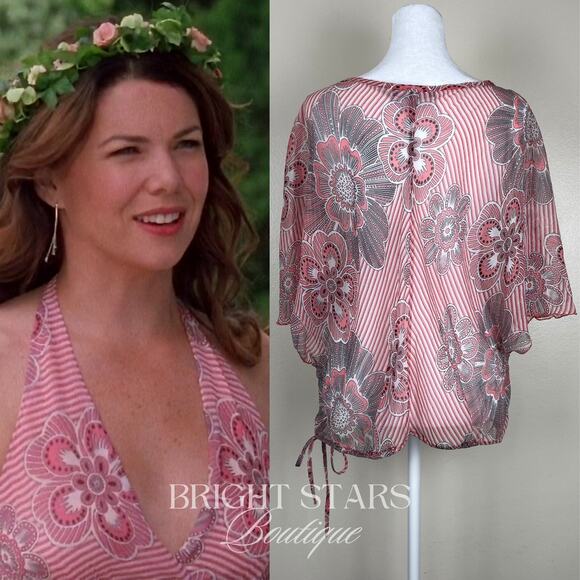 Rare Pink Silk Floral Top ALT ASO Lorelai Gilmore Girls Patterned V-Neck Y2K VTG - Picture 2 of 15